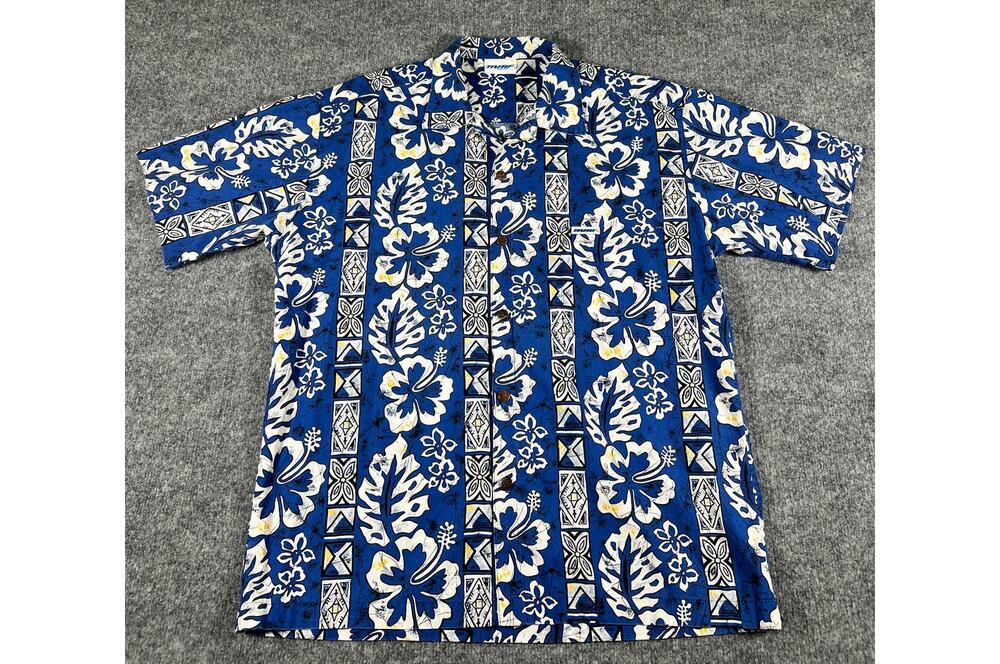 Vintage Murf Hawaiian Shirt Mens L Blue Floral Tropical Aloha Coconut Buttons